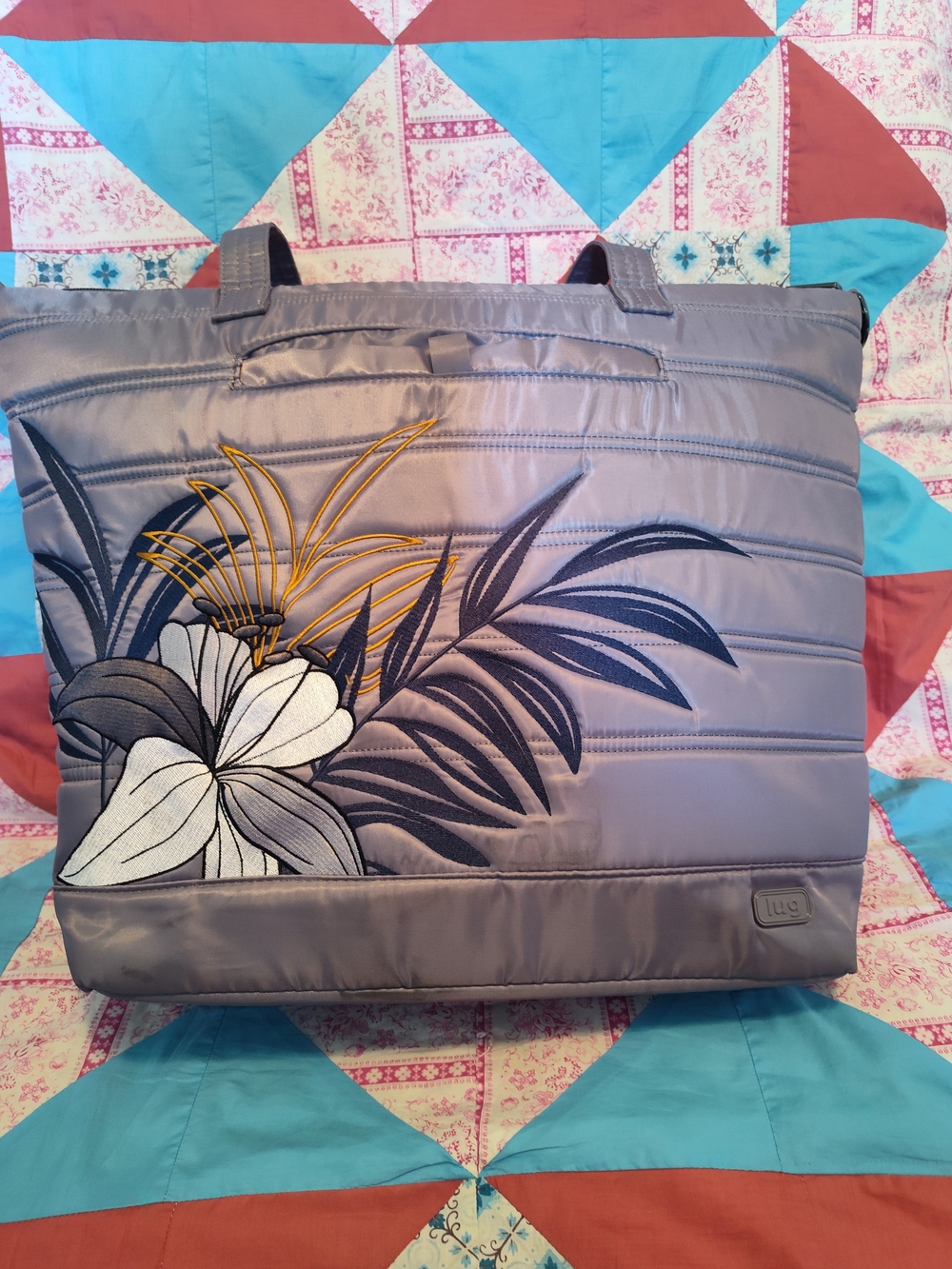 Lug Apollo Quilted Floral Tote in Light Gray with Gold Embroidery, Lily Grey
